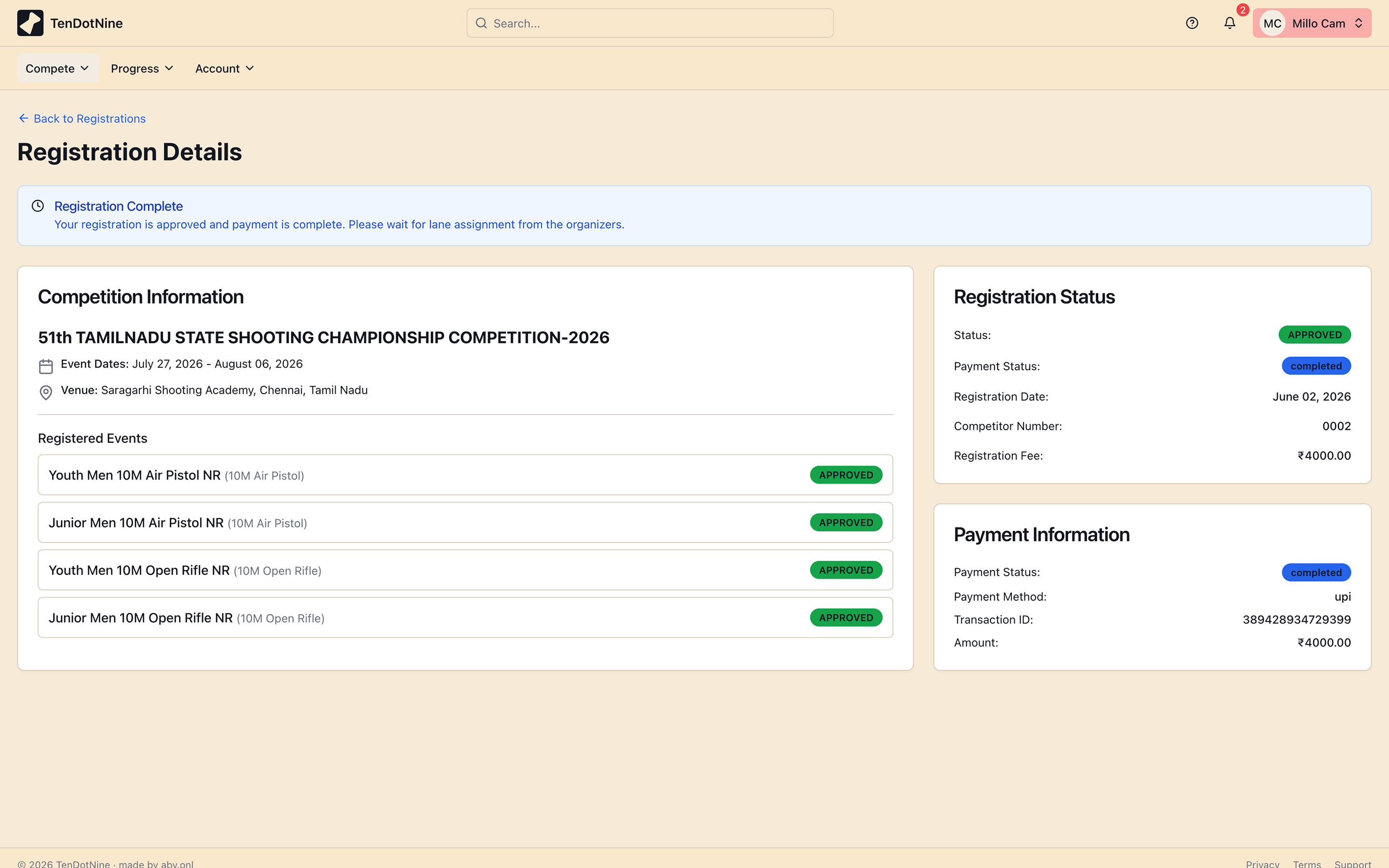 A registration detail page showing Approved status and verified payment