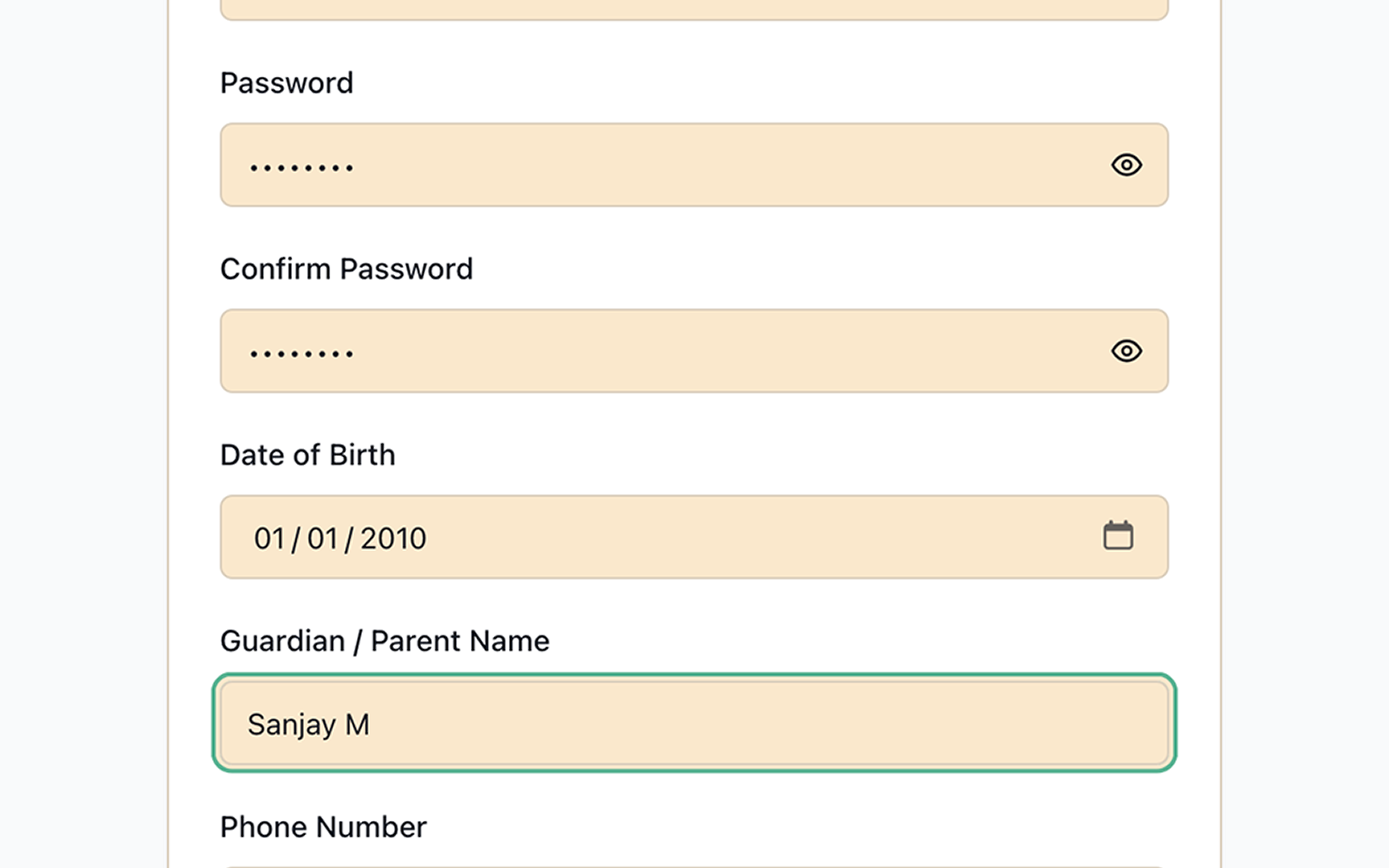 The sign-up form showing the Guardian / Parent Name field for under-18 applicants