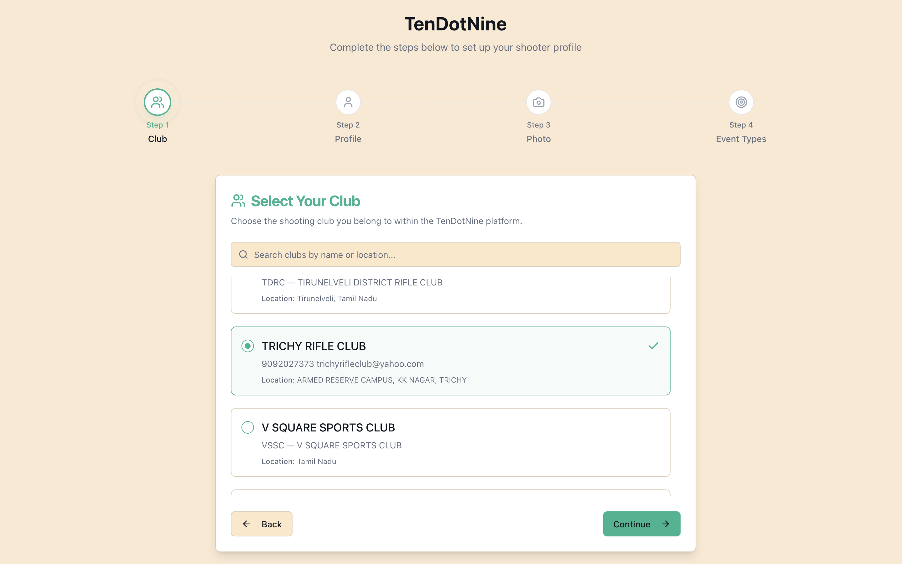 Onboarding step for selecting a home club