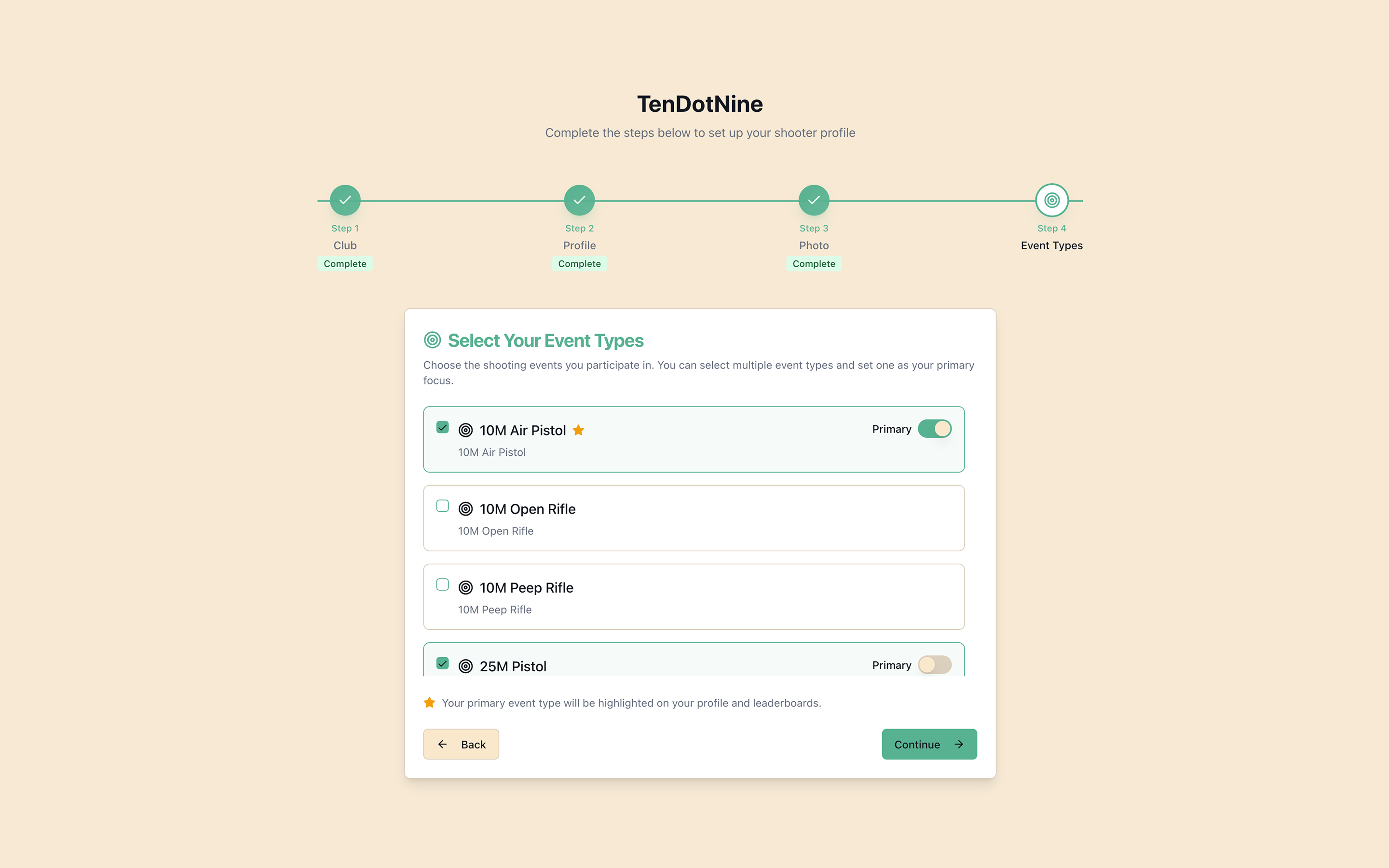 Onboarding step for selecting event types / disciplines