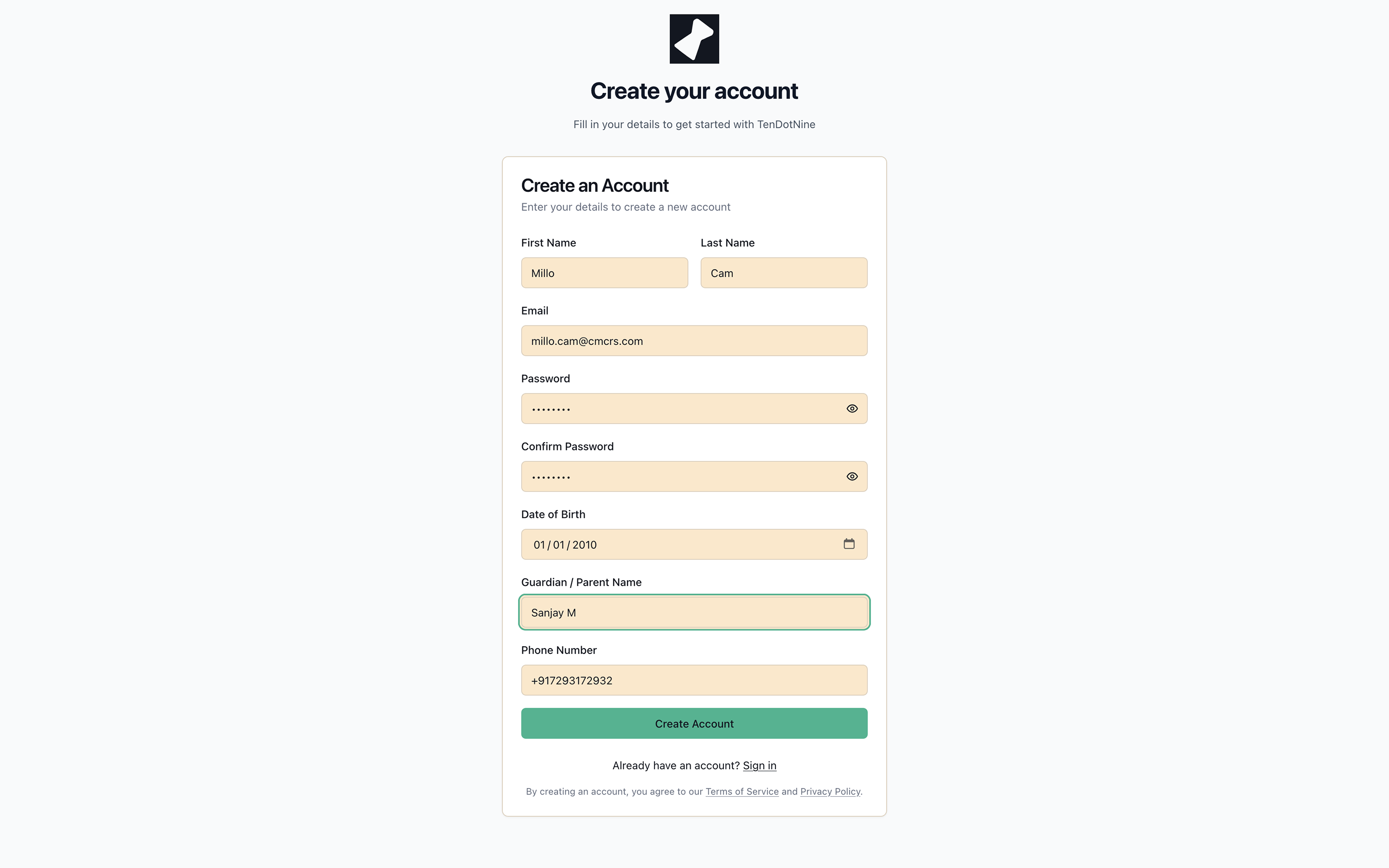 The TenDotNine sign-up form with name, email, password, date of birth, and phone fields