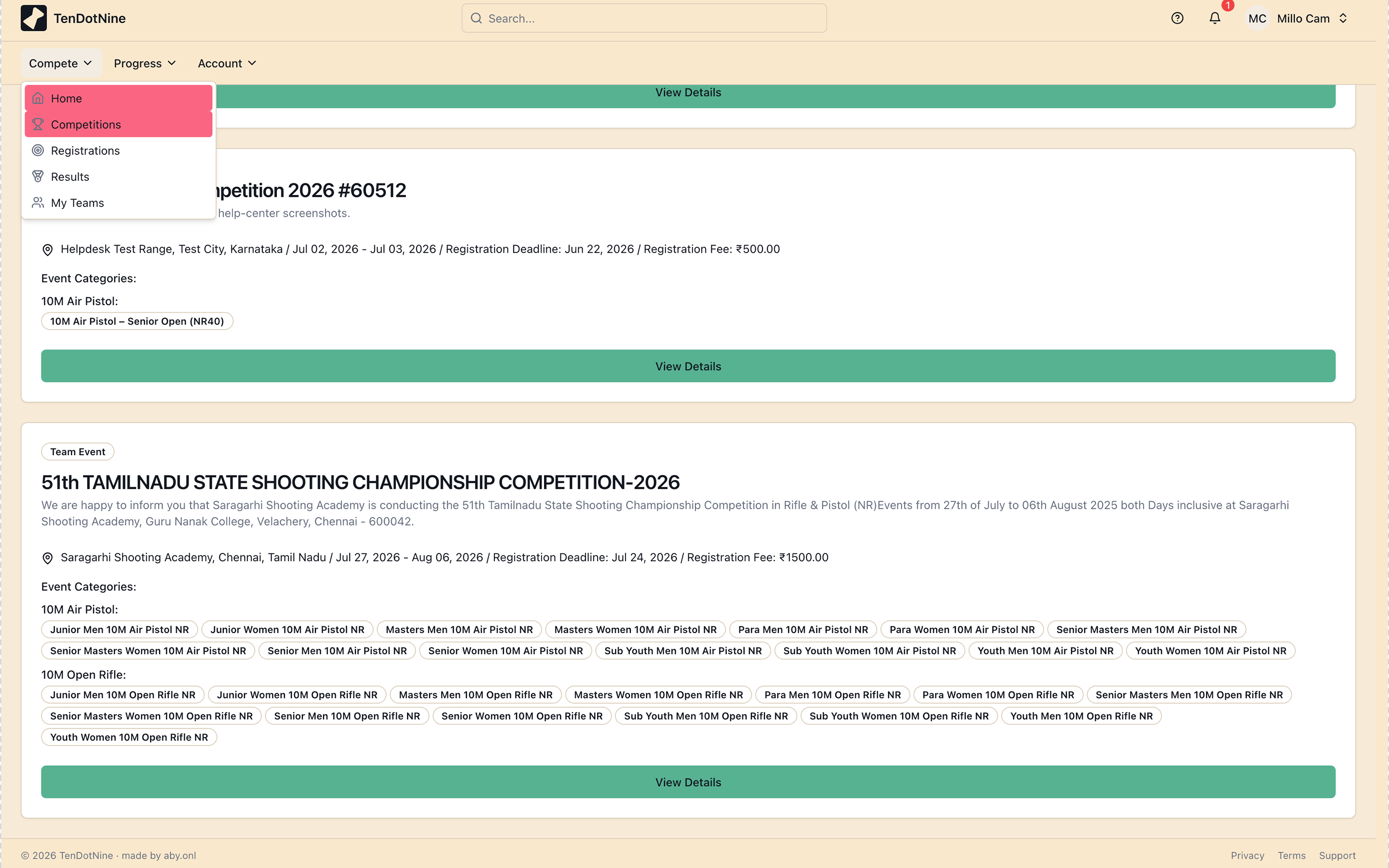 The dashboard competitions list showing upcoming events