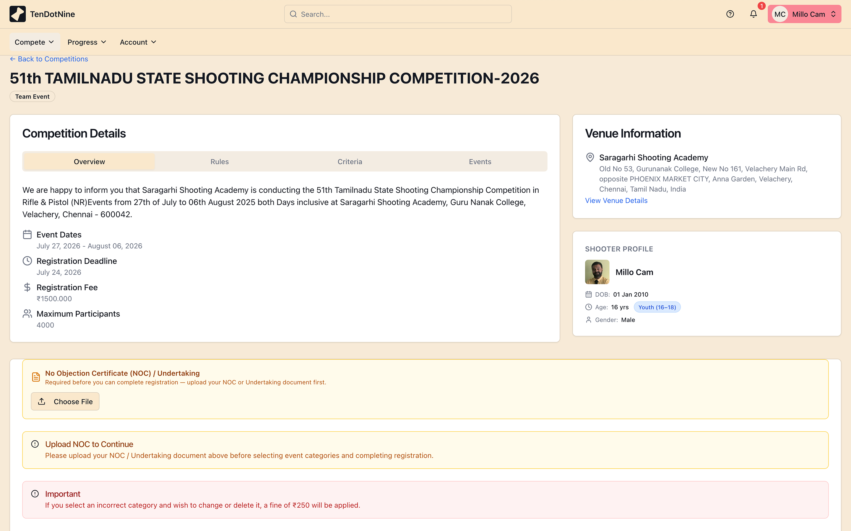 A competition detail page showing dates, venue, and categories