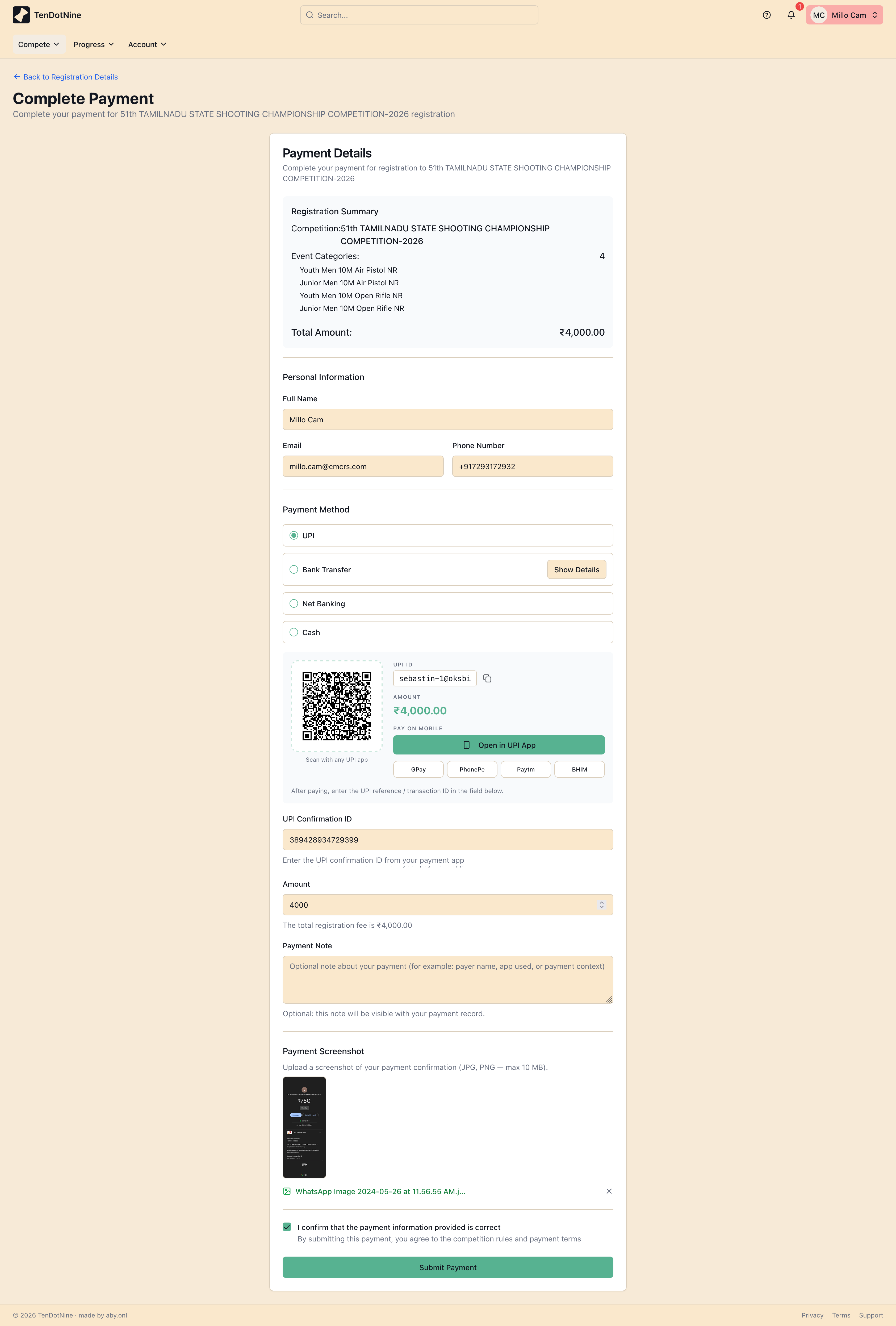 The payment form showing UPI and bank options with a proof upload field