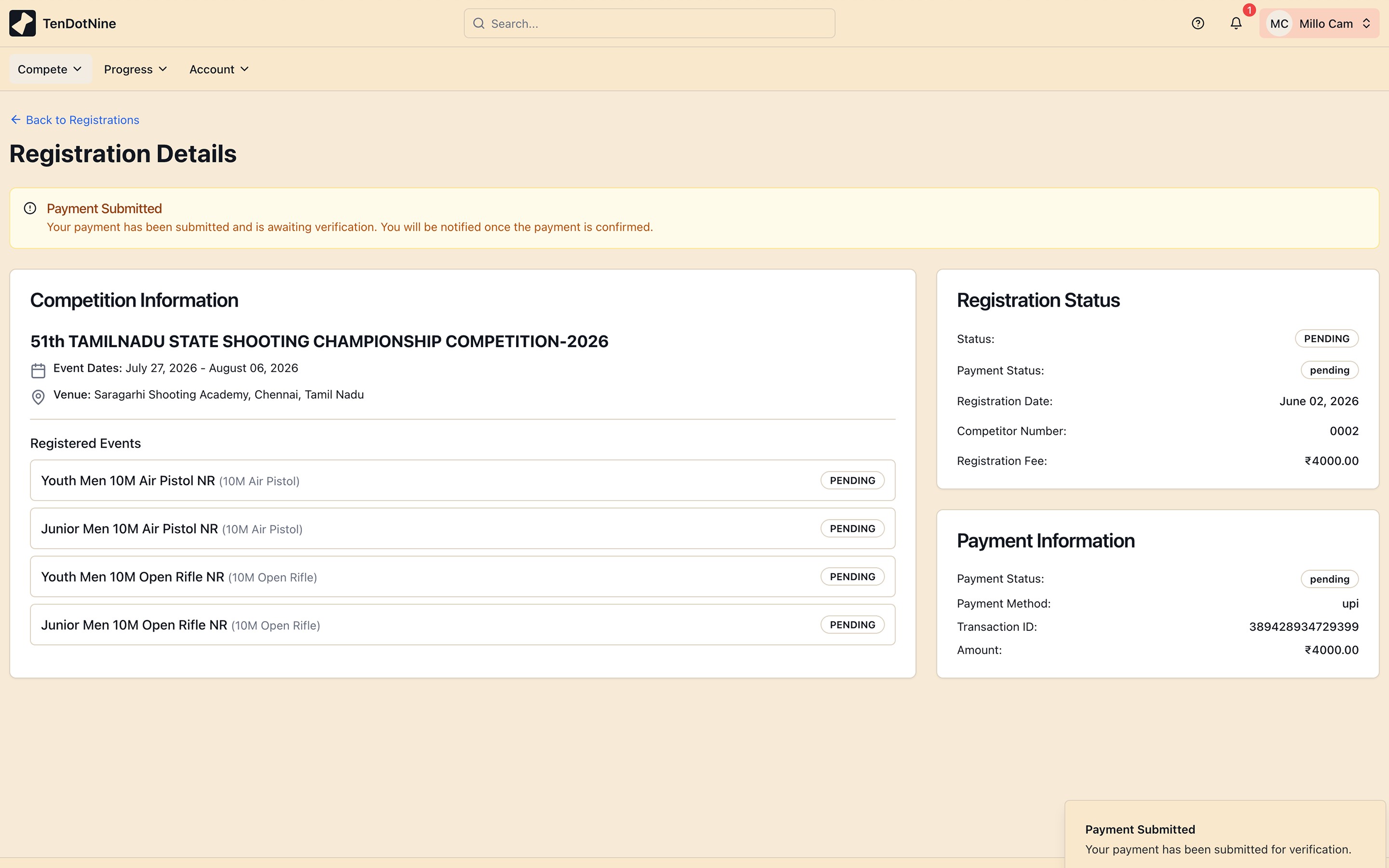 Payment submitted state showing awaiting verification