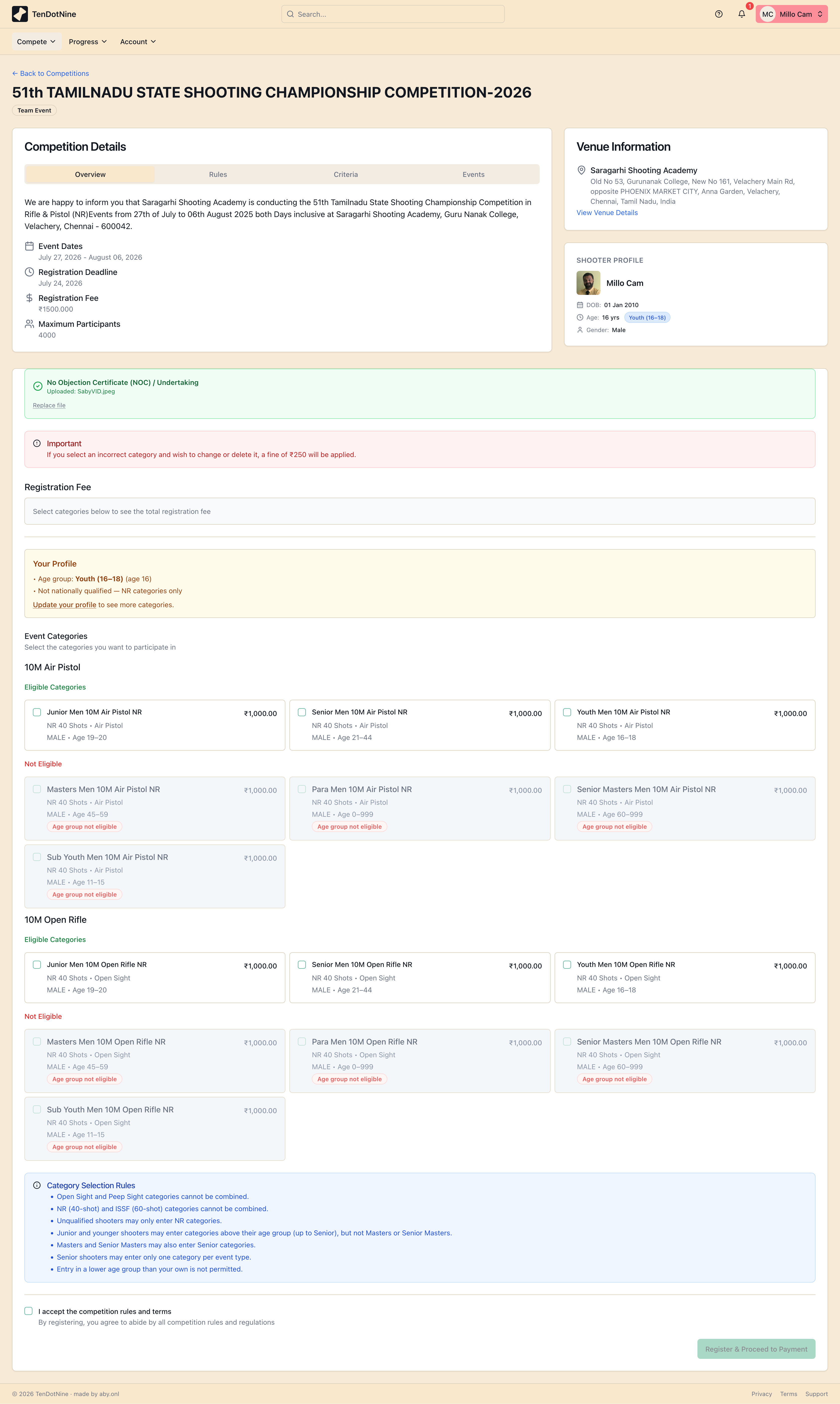 The registration form with selectable event categories and a running fee total