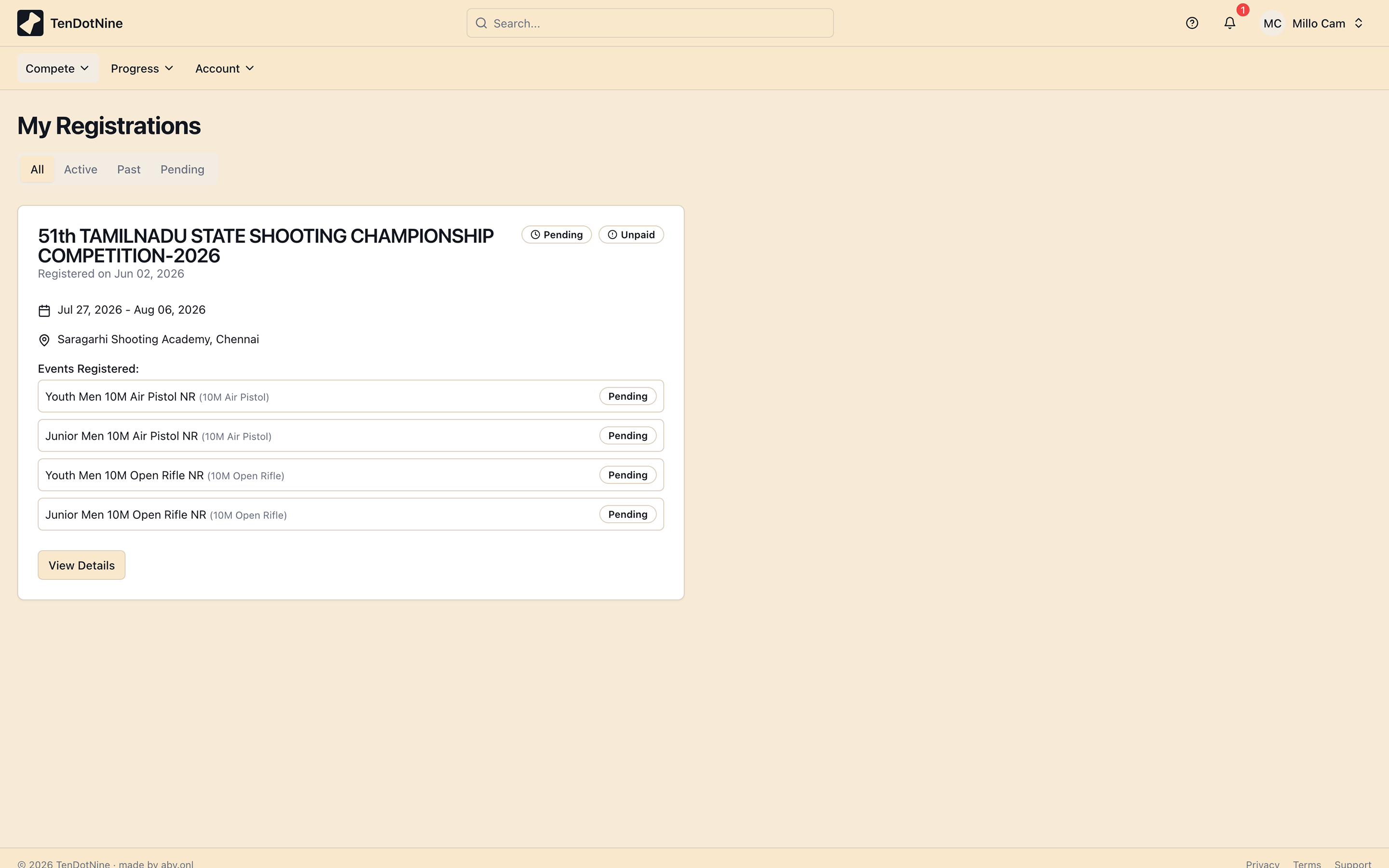 A registration confirmation showing Pending status